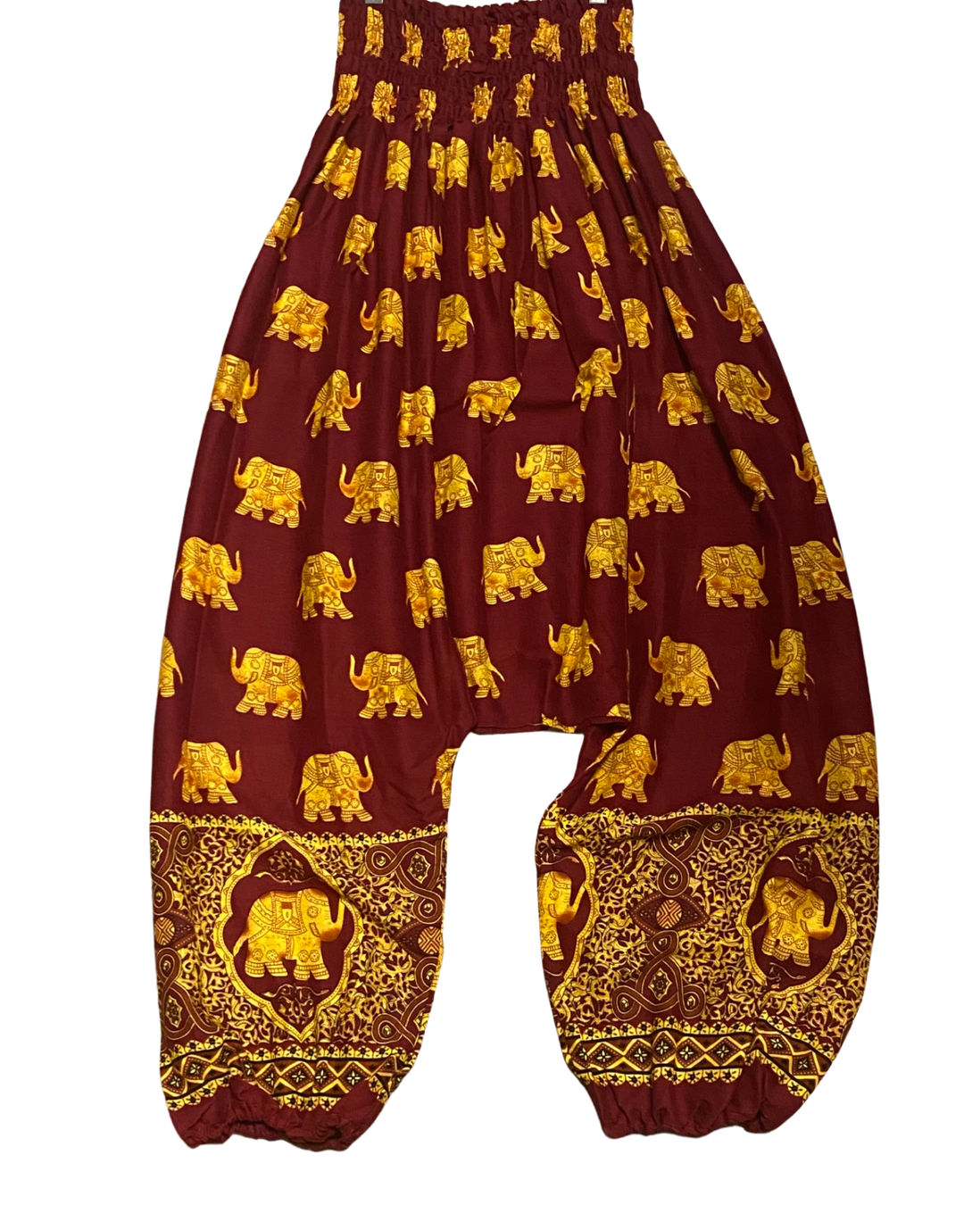 Drop Crotch Harem Pants w/ Golden Elephant Print