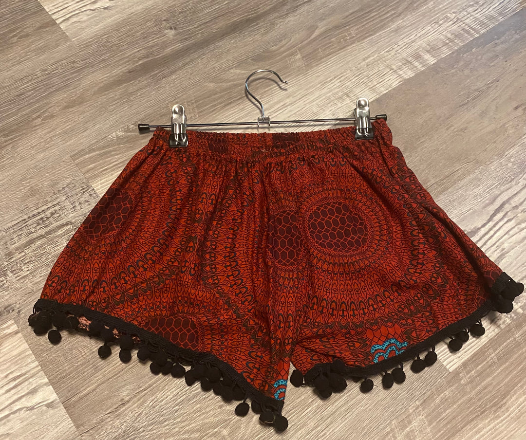 Pom Pom Shorts w/ Red Mandala Print
