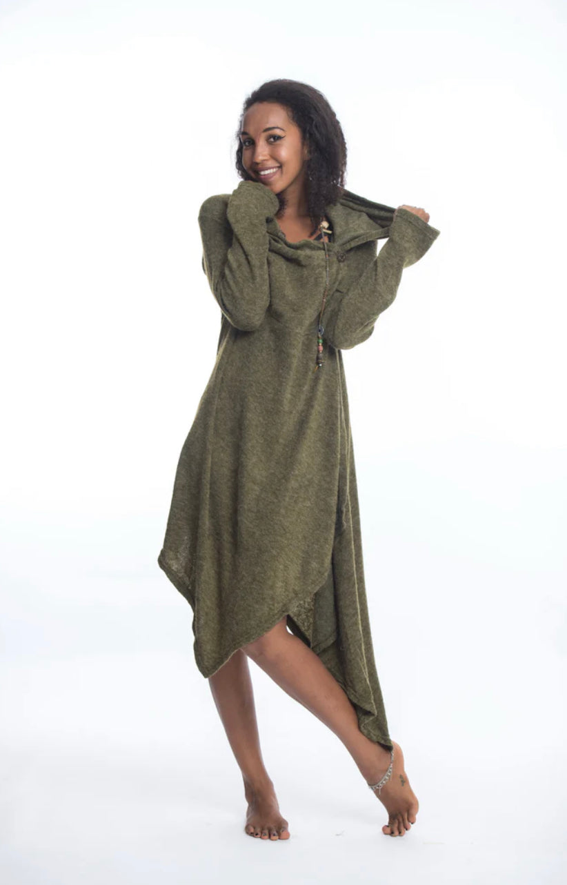 Long Pullover Hoodie Cloak with Side Button