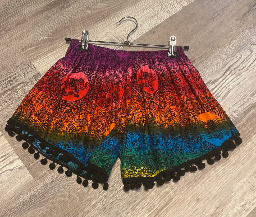 Pom Pom Shorts w Rainbow Elephant Print