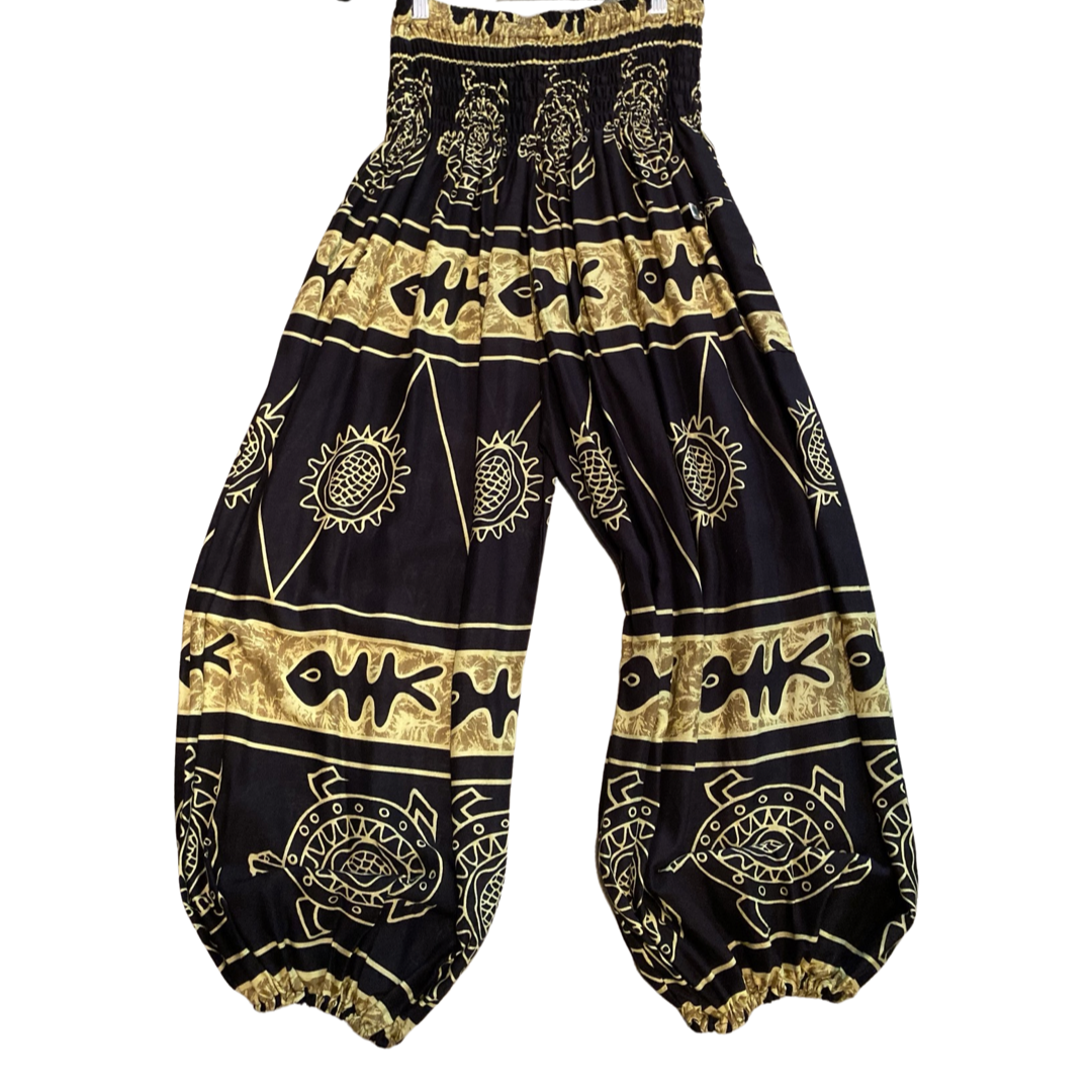 Plus Size Thai Harem Pants with Tribal Turtle Print Green