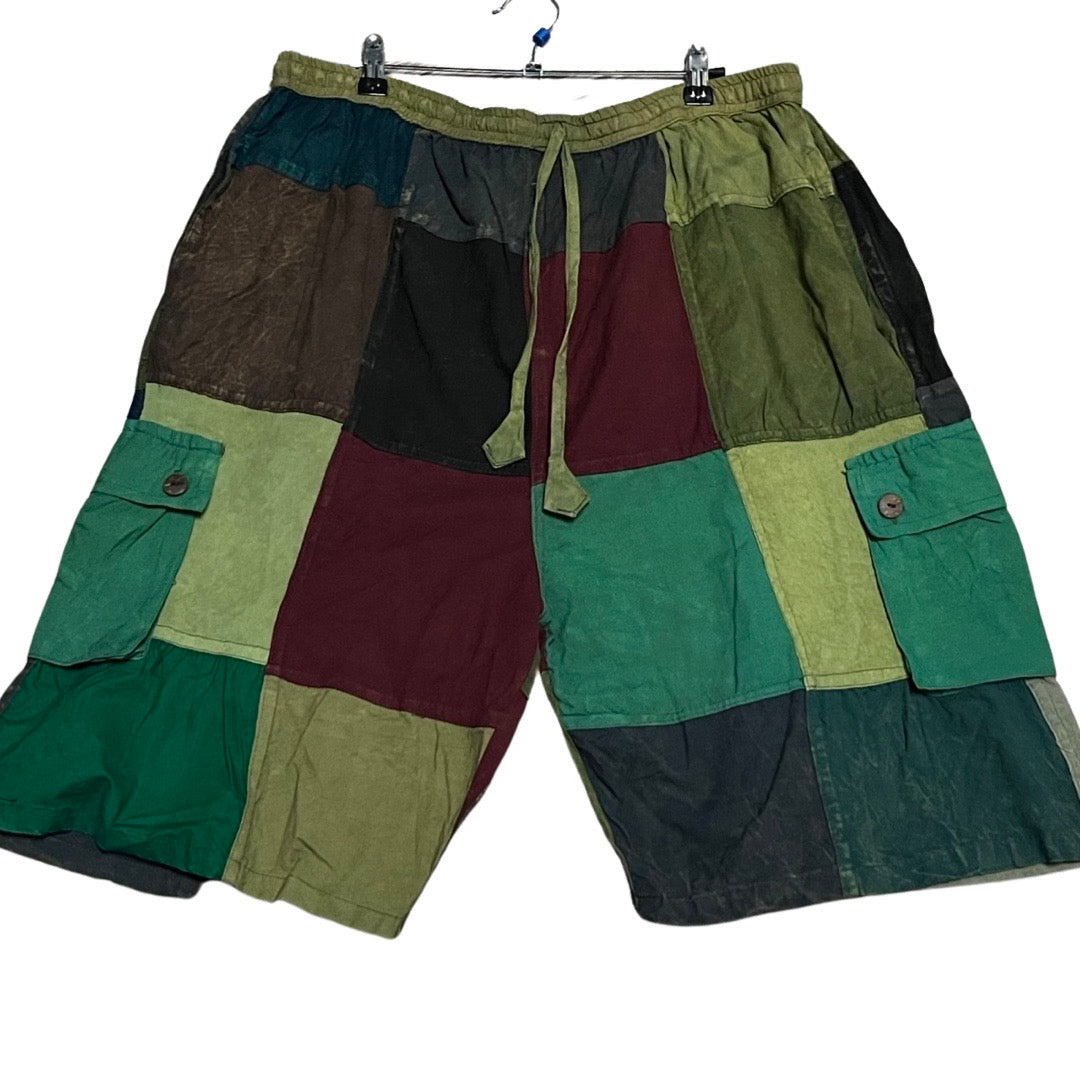 Guy Shorts - Green Stonewashed Cotton Patchwork (XXL)