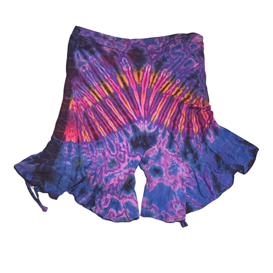 Long Tie Dye Shorts w/ Ruffle Hem & Side Cinch