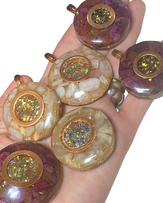 Crushed Opal Orgone Energy Pendant with Morgonite or Ruby